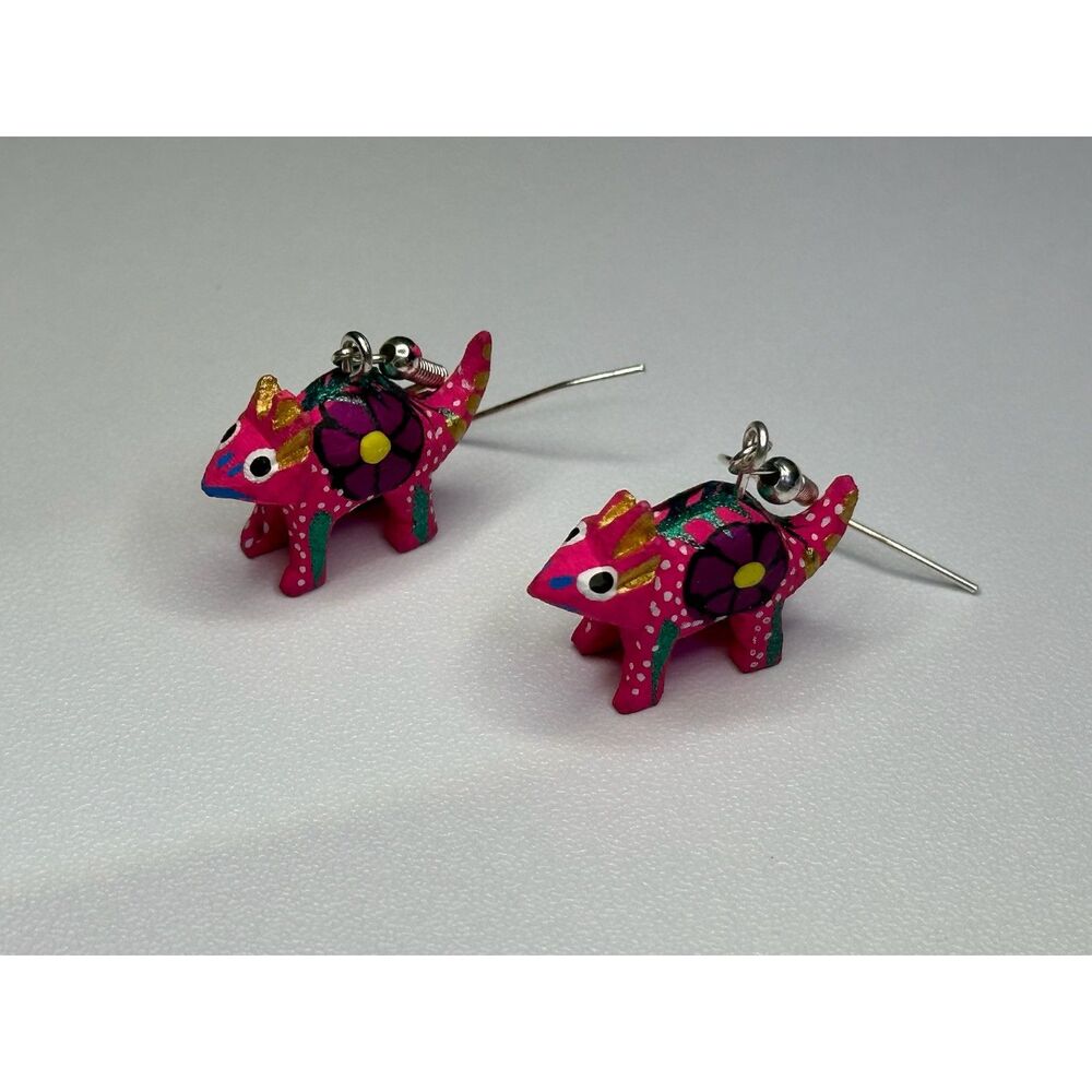 Hot Pink Armadillo Alebrije Earrings Hand Carved Painted Wood Oaxaca Mexican